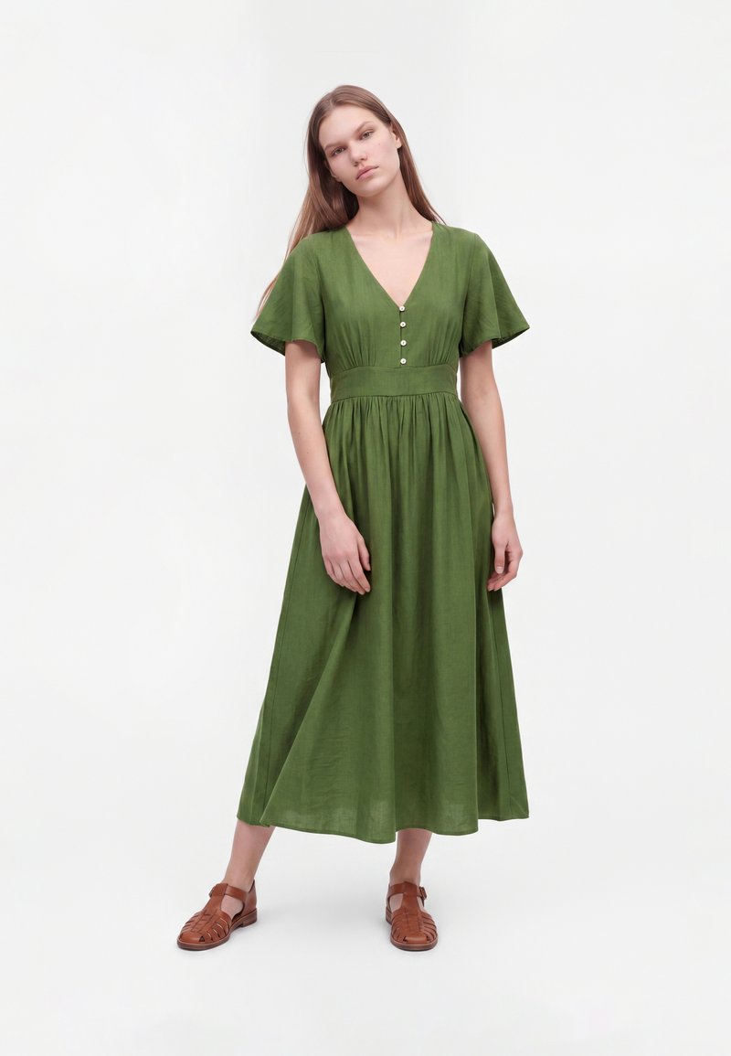 green midi dress new look FRILL SLEEVE V NECK - Day - khaki neckline_Round Neck