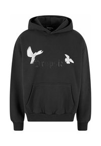 Black hoodie made of soft fabric featuring white bird graphics and "Dropsize" text. Includes a front pocket and ribbed cuffs and hem.