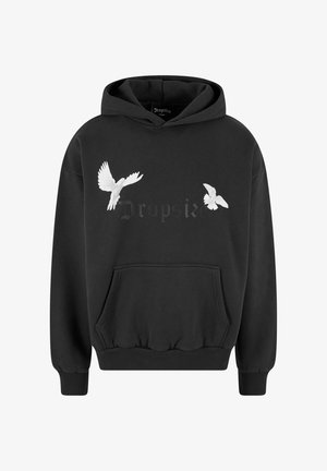 Felpa nera con cappuccio realizzata in tessuto morbido, decorata con grafiche di uccelli bianchi e testo "Dropsize". Include una tasca frontale e polsini e orlo a costine.
