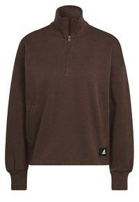 Sudadera marrón de pullover con cuello de media cremallera, bolsillos laterales, puños acanalados y un parche del logo de Adidas en el dobladillo. Tejido suave y texturizado.