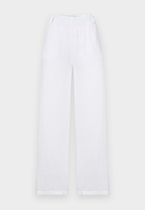 White linen wide-leg pants featuring an elastic waistband, two side pockets, and a straight silhouette with rolled hems.