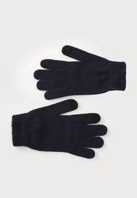Marineblaue Strickhandschuhe mit schwarzen Akzenten an den Fingerspitzen. Verfügt über gerippte Bündchen und fünf separate Fingeröffnungen für Sitz und Beweglichkeit.