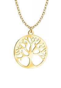 Goldener Lebensbaum-Anhänger an einer Kette, mit filigranen ausgeschnittenen Ästen und kreisförmigem Design, das eine polierte, reflektierende Oberfläche zeigt.