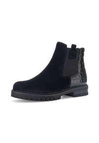 Botas altas pretas em camurça com um painel em pele com estampado de croco, apresentando laterais elásticas, bico arredondado e sola de borracha texturizada.