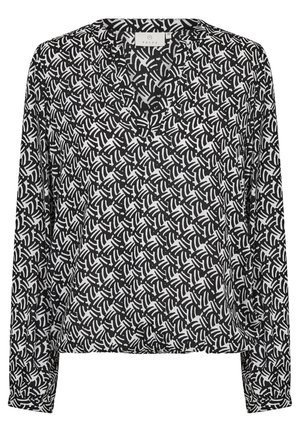 Zwart-wit lange mouwen blouse met een textuurpatroon van bladeren, V-hals en een relaxte pasvorm. Gemaakt van lichtgewicht stof.