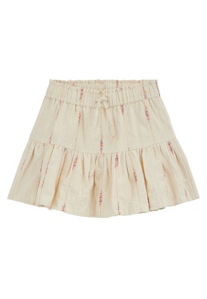 Beež värvi puuvillane seelik, millel on kihtide kaupa volang-sääris, elastne vöökoht, väike lipsusõlm ja õrnad vertikaalsed mitmevärvilised tikandid.