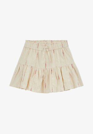 Beiger Baumwollrock mit abgestuftem Rüschensaum, elastischem Bund, kleinem Schleifchen und dezenten vertikalen mehrfarbigen Stickstreifen.