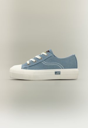 Low-top blue canvas sneaker with white rubber sole, white laces, stitching detail, and "Lee" logo on side sole.