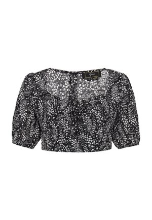 Bluza neagră scurtă, cu imprimeu floral alb, mâneci bufante, decolteu pătrat cu șnururi adunate și detaliu cu legătură în față.