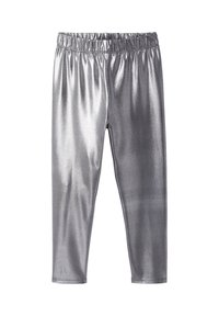 Silver leggings with a metallic sheen, featuring an elastic waistband and a smooth texture, designed for a snug fit, tapering at the ankles.