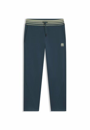 Marineblaue Sweatpants mit einem gerippten, grün gestreiften Bund, seitlichen Taschen und einem kleinen Logo am Unterschenkel. Glatte Stoffoberfläche.