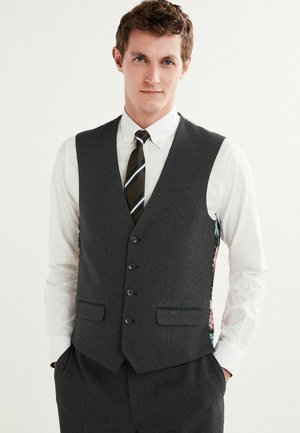 Gray checkered vest with a tailored fit, featuring five buttons, two front pockets, and a colorful floral interior lining.