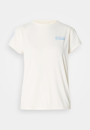 White short-sleeve t-shirt with small blue wave design and "Billabong" logo on the chest and sleeve, plain background.