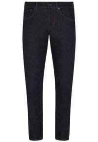 Donkerdenim jeans met een slim fit, voorzien van vijf zakken, contrasterende stiksels en een standaard tailleband met een knoopsluiting.