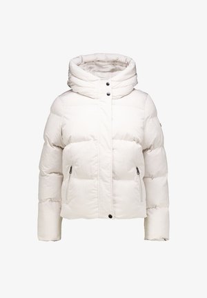 Witte pufferjack met een hoge kraag en opvouwbare capuchon. Voorzien van ritszakken aan de zijkanten en drukknoopsluiting aan de voorkant. Gladde stoftextuur.