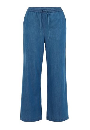 Pantalones de mezclilla azules de pierna ancha con una cintura elástica y cordón ajustable. Textura suave y detalles de costura mínimos.