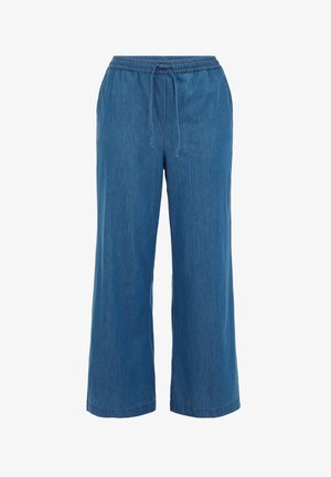 Plati kāju, zili džinsi ar elastīgu jostasvietu un regulējamu auklu. Mīksta tekstūra un minimāli šuvju detaļas.