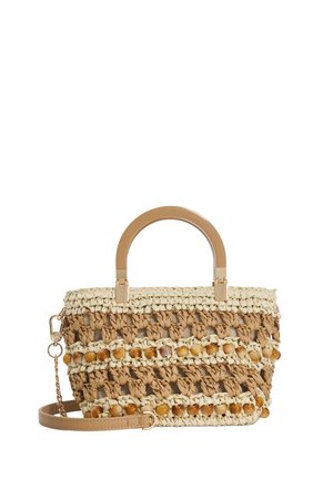 Woven beige and brown handbag with round amber beads, semi-circular tan handles, and a detachable tan leather shoulder strap.