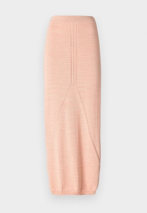 Light pink knitted pencil skirt with a fitted shape, featuring vertical seam details and a tapered hemline. Soft texture with stretch.