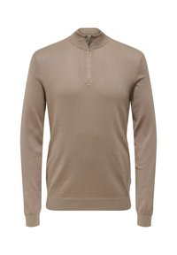 Pullover beige a maniche lunghe con colletto alto e zipper metà. Texture a maglia liscia e maniche attillate. Design minimalista senza motivi.