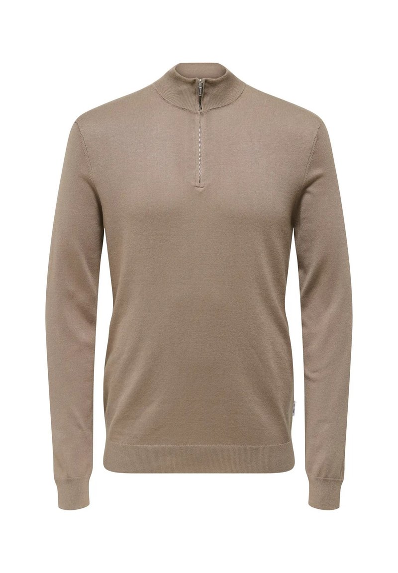 Pullover beige a maniche lunghe con colletto alto e zipper metà. Texture a maglia liscia e maniche attillate. Design minimalista senza motivi.