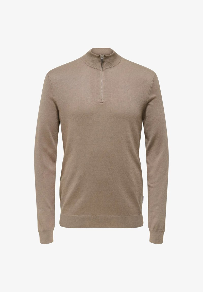 Pullover beige a maniche lunghe con colletto alto e zipper metà. Texture a maglia liscia e maniche attillate. Design minimalista senza motivi.