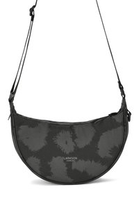 Zwarte, halvemaanvormige schoudertas met een verstelbare schouderriem en een donker abstract bloemenpatroon, met het merk "Larkson Hamburg" aan de voorkant.