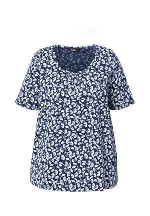 Marineblauwe blouse met korte mouwen, witte bloemmotief en ronde hals, losse pasvorm.