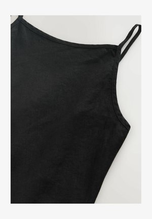 Fekete lenvászon spagetti pántos felső, sima textúrával és egyszerű, letisztult kialakítással. Nincsenek további minták vagy díszítések.