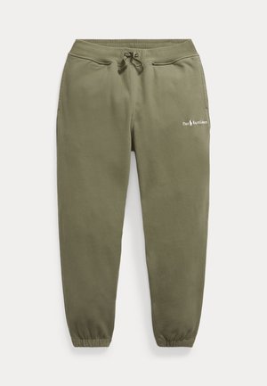 Oliwkowe spodnie dresowe z elastycznym pasem i ściągaczami, sznurkiem, kieszeniami bocznymi oraz małym logo Polo Ralph Lauren na lewej udzie.