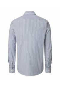 Blauw-wit verticaal gestreepte longsleeve overhemdoverzicht van achter met een kraag en geknoopte manchetten.