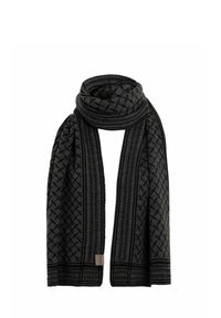 Zwarte sjaal van zacht materiaal, met een geometrisch patroon en zwarte accenten. Het hangt elegant met een gestikt randje en labeldetail.