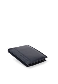 Marineblauwe leren portemonnee met een slank ontwerp, gladde textuur en twee compartimenten. Voorzien van subtiele branding en een minimalistische esthetiek.