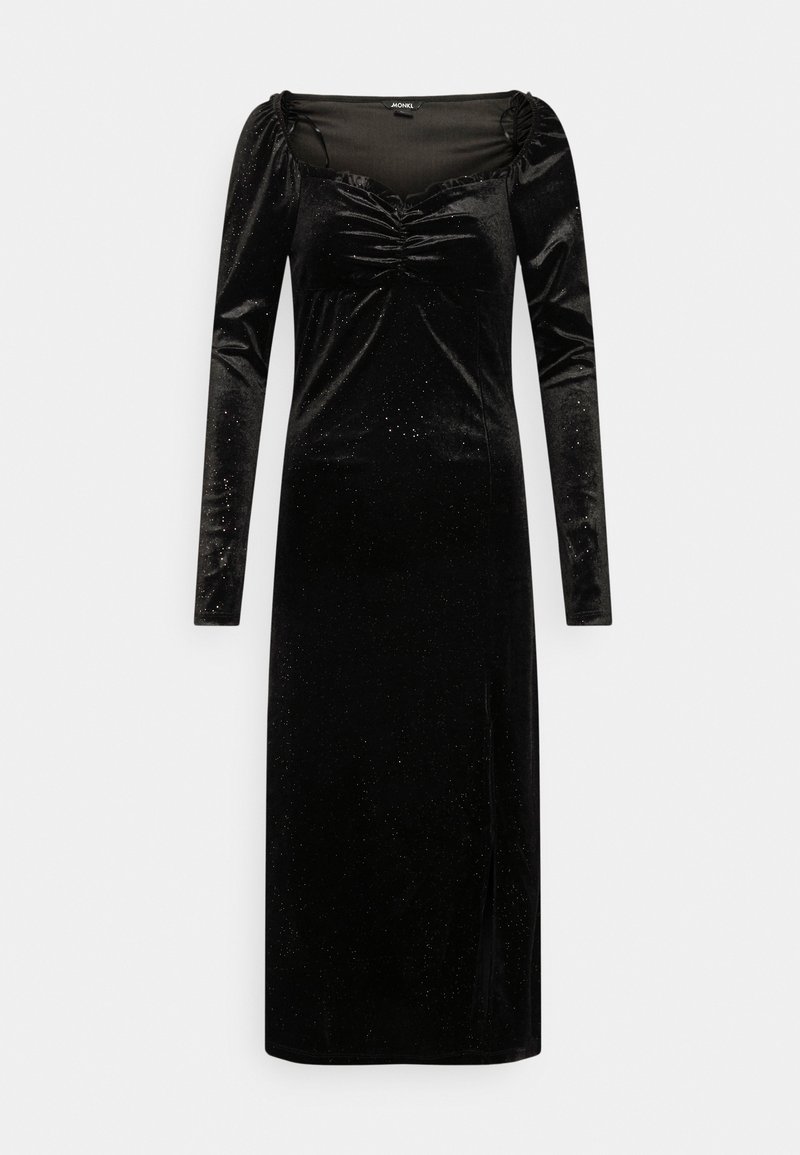 Robe midi en velours noir à manches longues avec encolure carrée froncée et détails subtils scintillants.