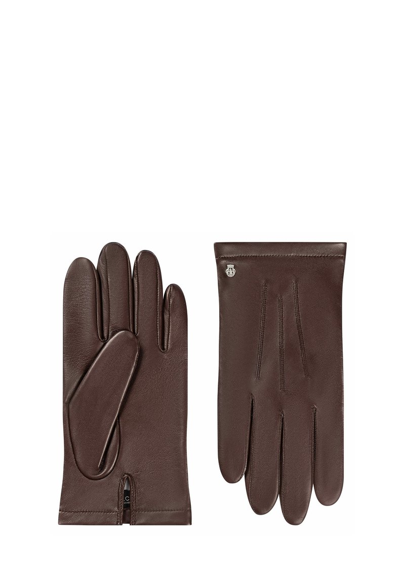 Braune Lederhandschuhe mit glatter Textur, ausgestattet mit einem gefalteten Bündchen und drei Nahtakzenten auf der Rückseite. Ein Handschuh hat eine Daumenstanzung.