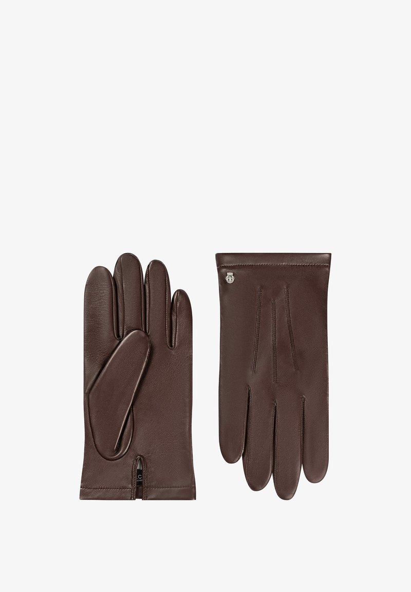 Braune Lederhandschuhe mit glatter Textur, ausgestattet mit einem gefalteten Bündchen und drei Nahtakzenten auf der Rückseite. Ein Handschuh hat eine Daumenstanzung.