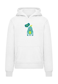 Hvit hettegenser med et turkist monsterdesign, gult på magen og en snakkeboble som sier "hei." Inkluderer en frontlomme.