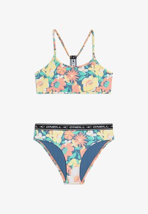 Bikini súprava s kvetinovým vzorom, pozostávajúca z crop topu a zodpovedajúcich spodných nohavičiek. Vyznačuje sa živými farbami ako ružová, oranžová a zelená na námorníckom pozadí.
