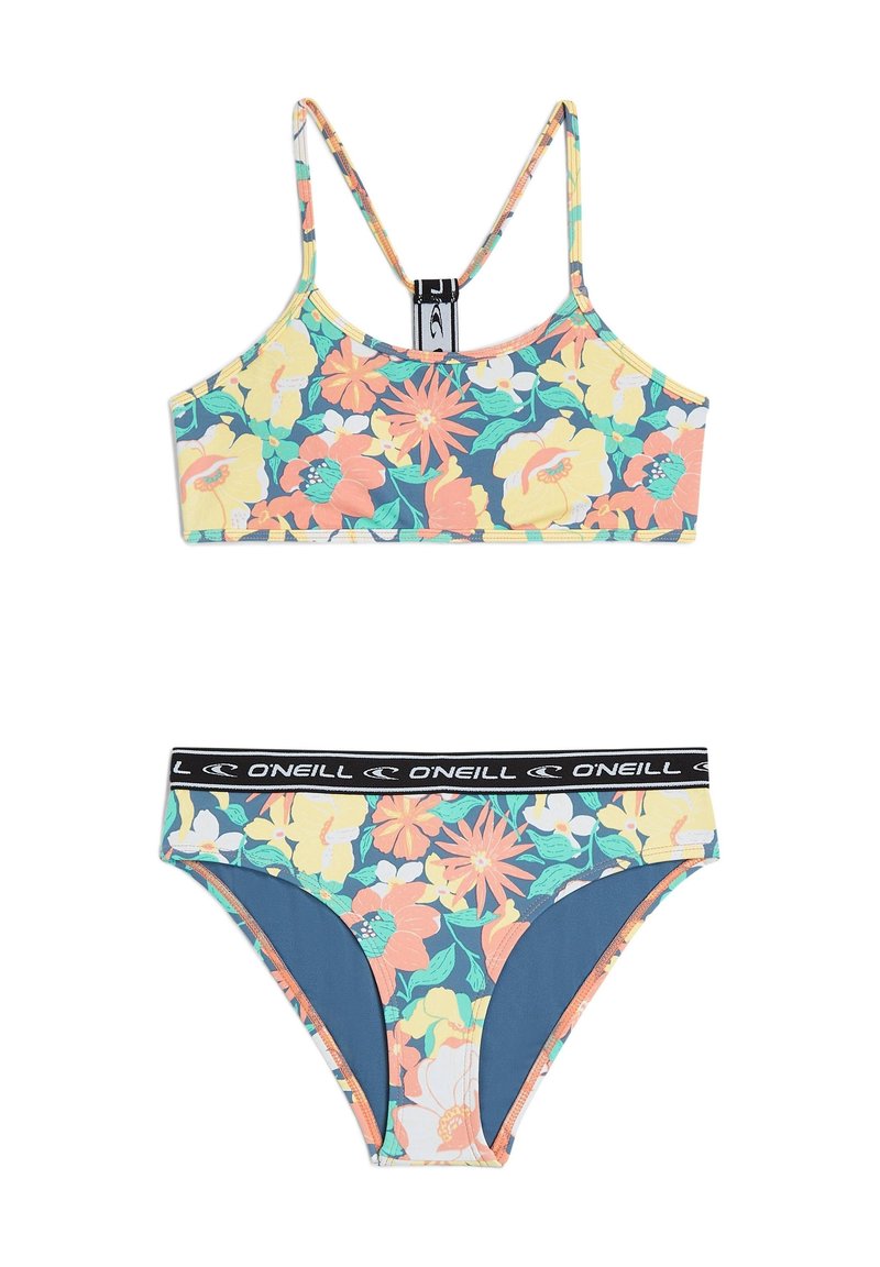 Conjunto de bikini con estampado floral, que incluye una parte superior tipo crop y braguitas a juego. Presenta colores vibrantes como rosa, naranja y verde sobre un fondo azul marino.