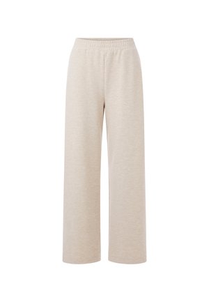 Pantalones de pierna ancha en beige claro con cintura elástica, confeccionados en una suave tela texturizada, que presentan un ajuste relajado y sin cierres visibles.
