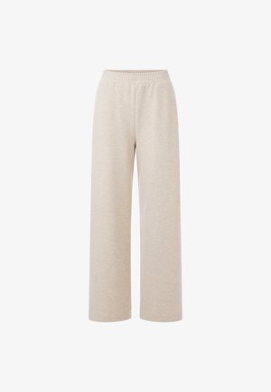 Light beige wide-leg pants with an elastic waistband, crafted from soft, textured fabric, featuring a relaxed fit and no visible fastenings.