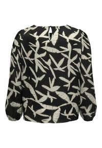 Blusa negra con un patrón botánico de color claro, mangas abullonadas y un detalle de ojal en la parte posterior. Fabricada en un tejido texturizado.