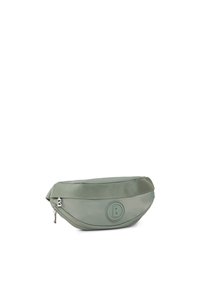 Borsa verde, di forma arrotondata, con zip, realizzata in materiale liscio e rigato; presenta un logo circolare e un tirazip in metallo.