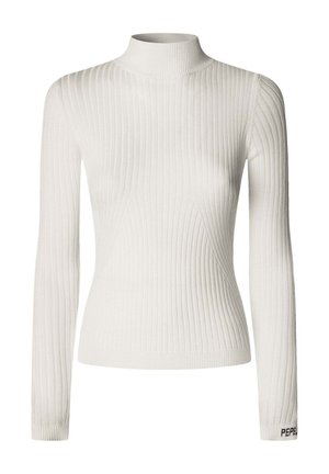 Witte geribde turtleneck trui met lange mouwen en een aansluitend ontwerp. Beschikt over een hoge halslijn en een merkteken op de manchette.