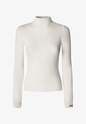 Witte geribde turtleneck trui met lange mouwen en een aansluitend ontwerp. Beschikt over een hoge halslijn en een merkteken op de manchette.