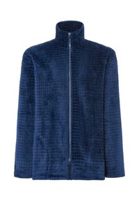 Chaqueta de cremallera azul marino hecha de tejido de símil de terciopelo texturizado con un patrón cuadrado, que cuenta con un cuello alto y dos bolsillos laterales.