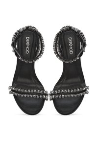 Sandalias de tacón negras con un acabado suave, que cuentan con dos filas de brillantes decorativos, tira en el tobillo y plantilla acolchada.