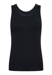 Sort ærmeløs tanktop lavet af et blødt stof. Har en rund halsudskæring og en glat tekstur med en tætsiddende silhuet.