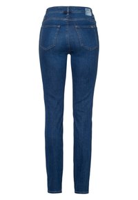 Slim jeans i mörkblå denim, med fem fickor och en slät yta, med en medelhög midja och en sydd loggopatch på baksidan.