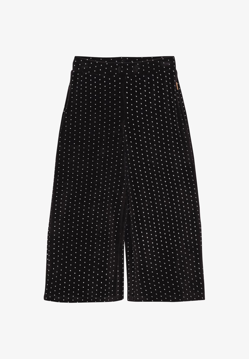 Zwarte wijde broek met witte stippen, elastische tailleband en zijzakken, weergegeven op een witte achtergrond.